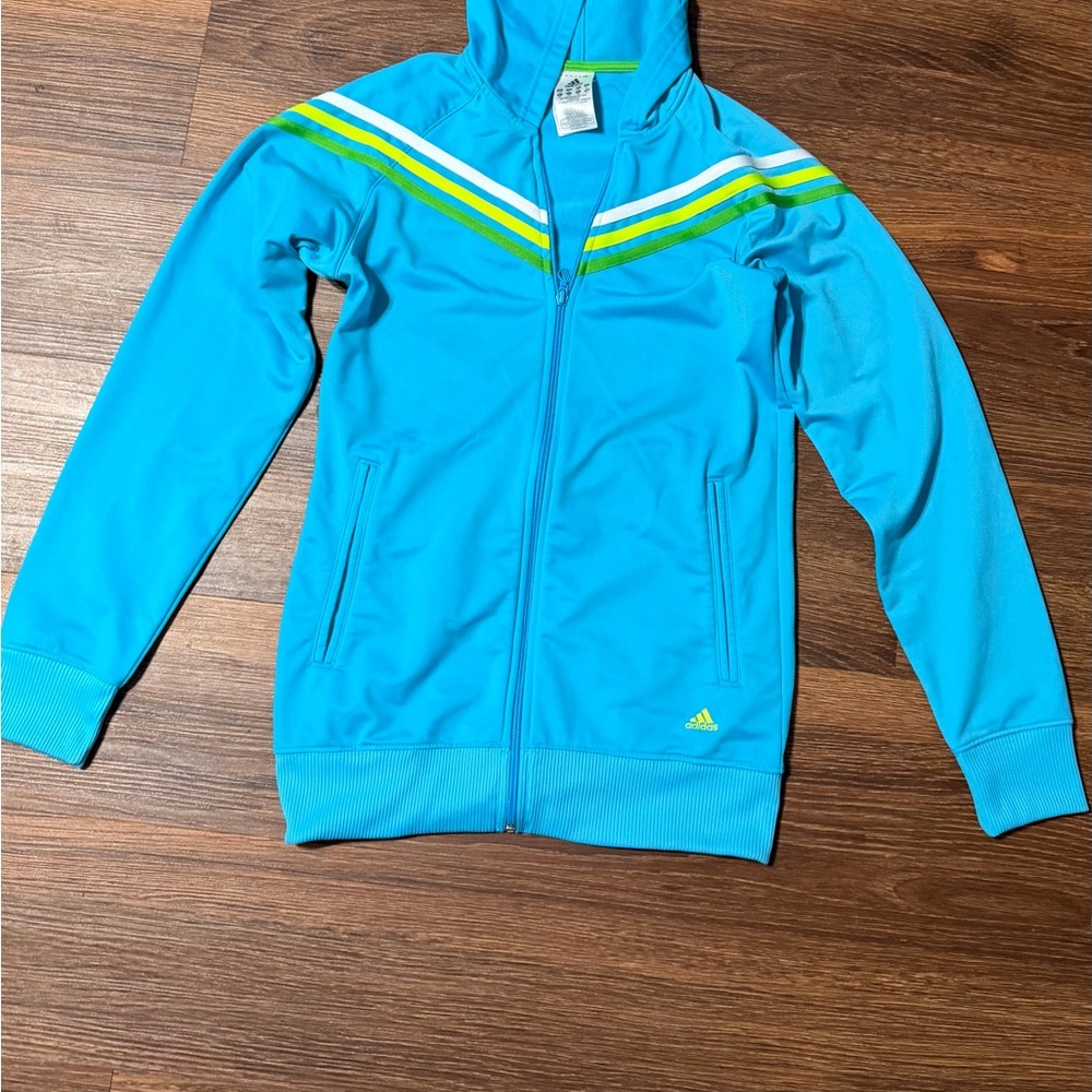adidas Blue Hooded Zip Jacket with White and Lime Stripe Accent